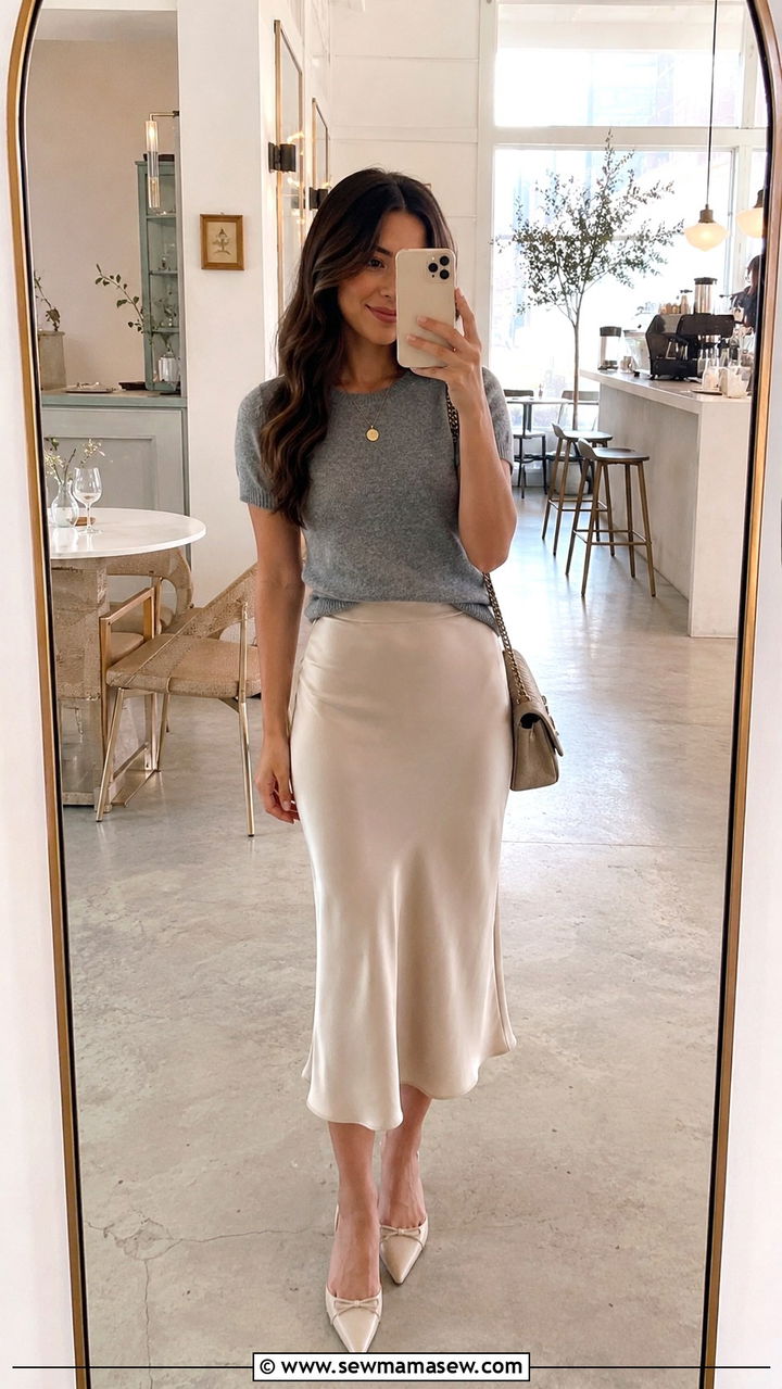 Short sleeve sweater with a midi slip skirt - 25 Petite outfit ideas for brunch