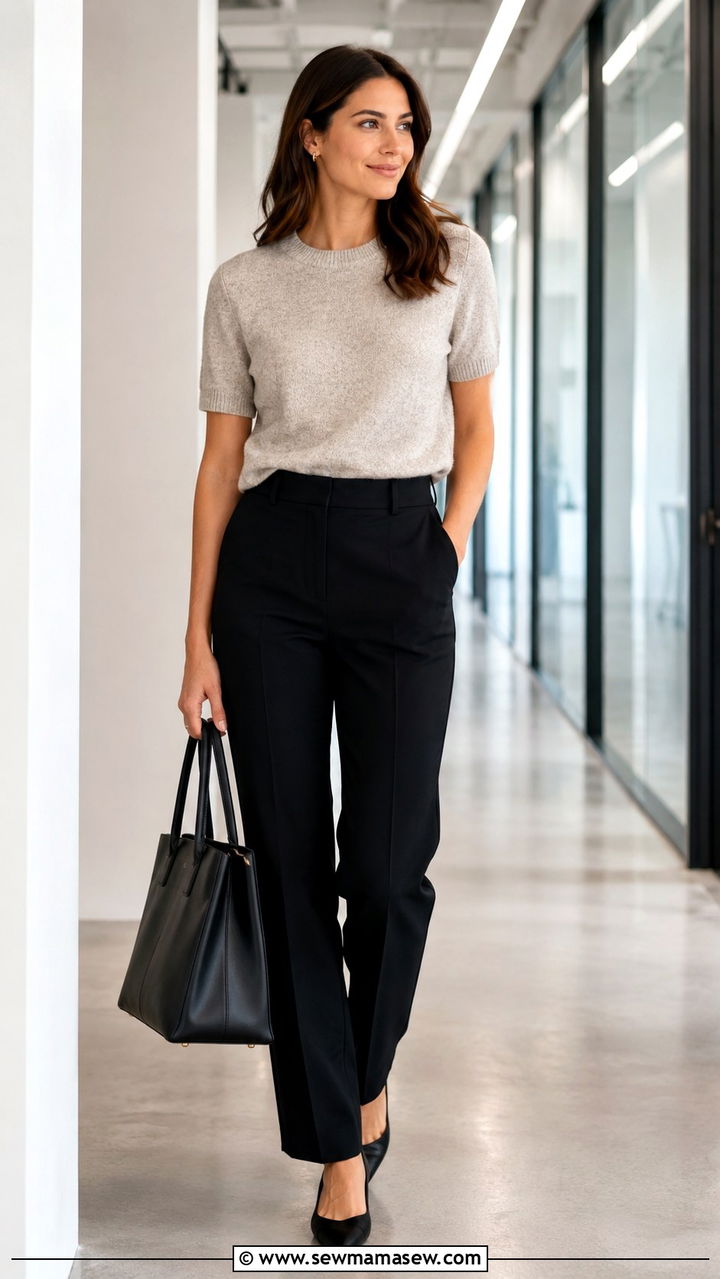 Short sleeve sweater with tailored trousers - 30 Spring outfits with sweaters
