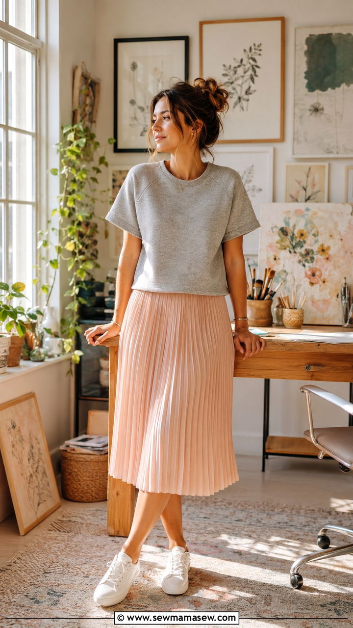 Short sleeve sweatshirt and pleated midi skirt - 30 Cute work from home outfits