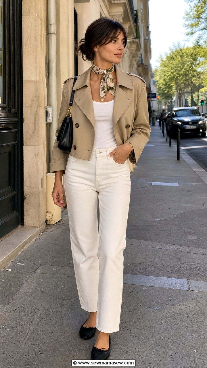 Short trench coat white jeans ballet flats - 30 French girl outfit ideas for brunch