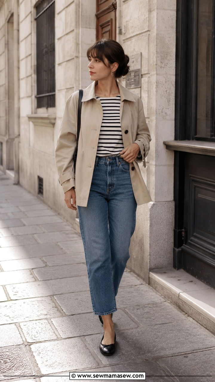 Short trench coat with striped top and cropped jeans - 25 Petite outfit ideas with trench coat
