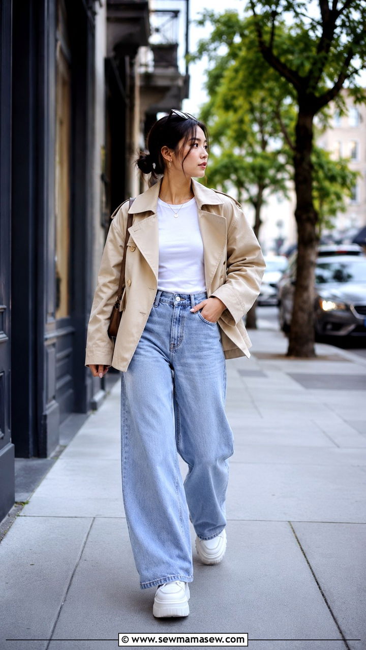 Short trench coat with wide leg jeans and chunky platform sneakers - 25 Petite outfit ideas with trench coat
