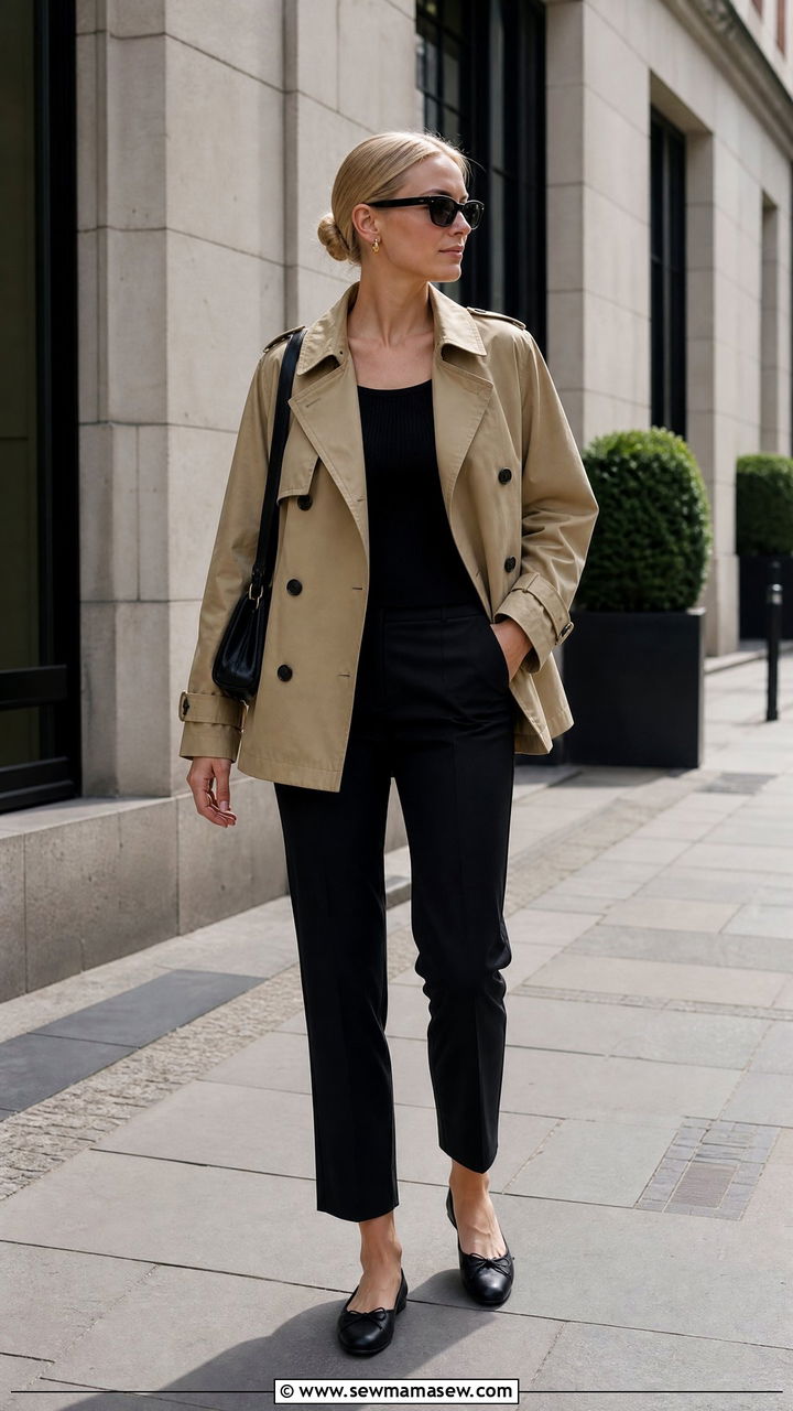 Short trench with cropped trousers outfit - 30 scandinavian capsule wardrobe outfits