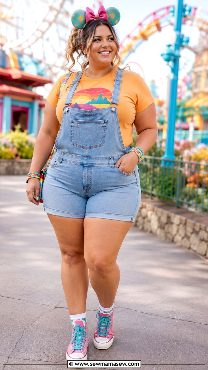 Shortalls Graphic Tee and Retro High Top Sneakers - 30 Plus size theme park outfit ideas