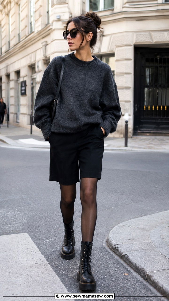 Shorts With Sheer Tights And An Oversized Sweater - 30 transitional outfits Pinterest