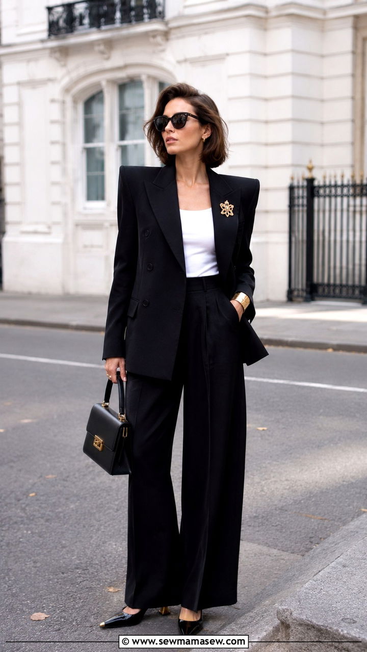 Shoulder Pad Blazer and Wide Leg Trousers Outfit - 30 maximalist outfits 2026