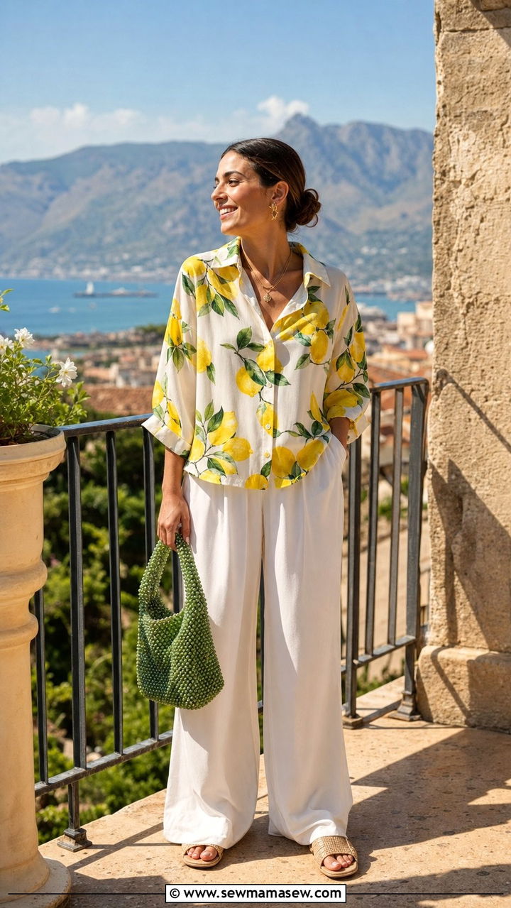 Sicilian lemon print blouse with white wide leg pants - 25 summer italian girl outfit ideas