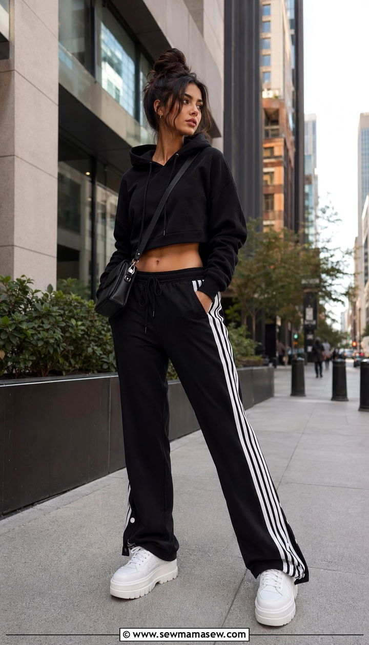 Side Stripe Track Pants with a Cropped Hoodie and Platform Sneakers - 35 Athleisure outfit ideas