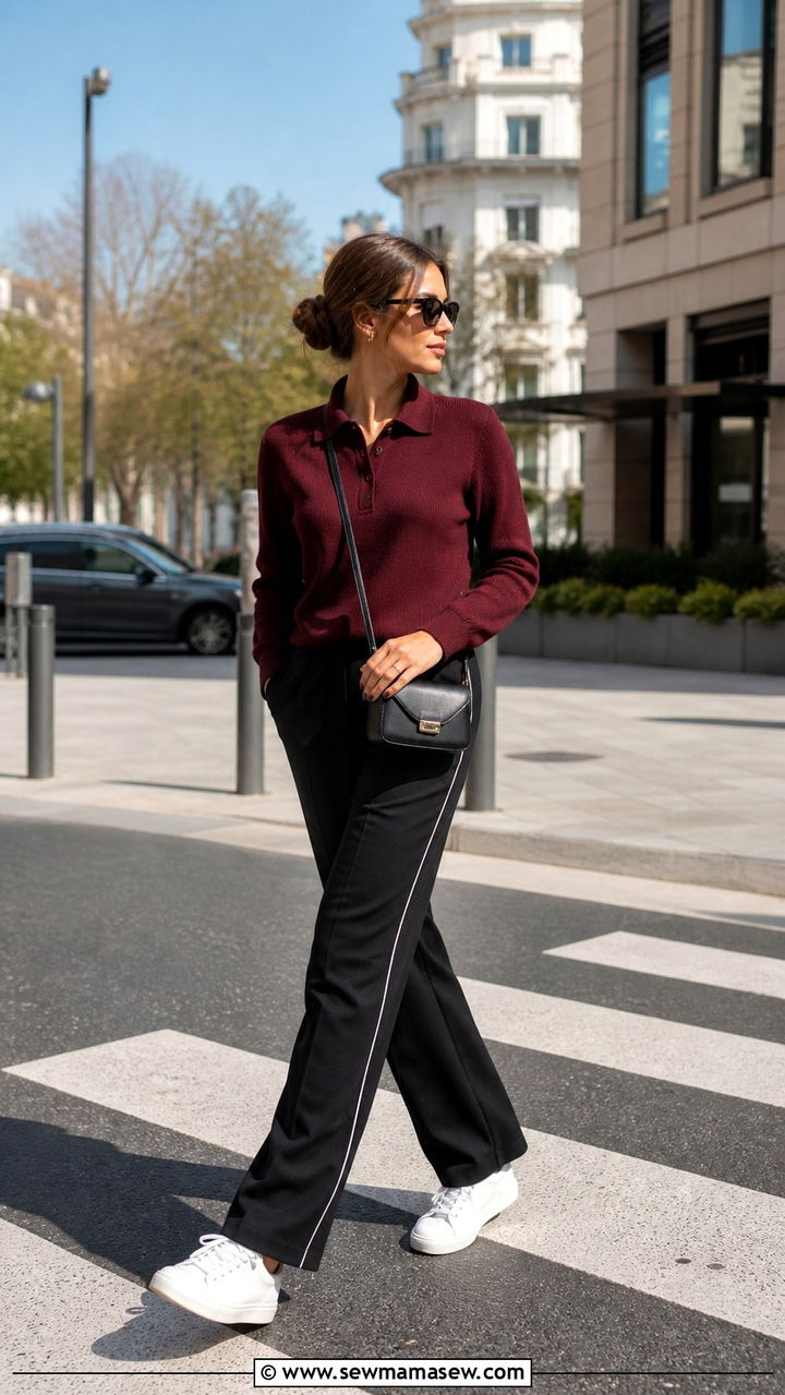 Side stripe trousers with a polo knit sweater and polished sneakers - 40 What to wear in Madrid
