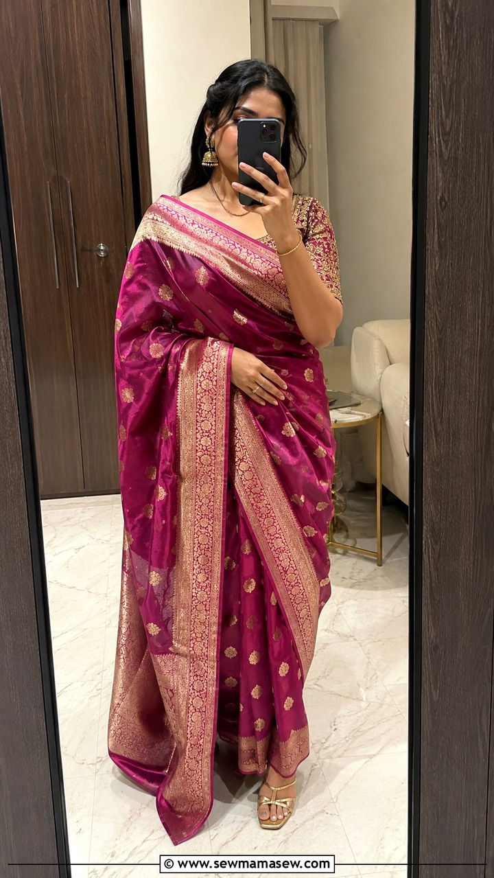 Silk Banarasi Saree With Embroidered Blouse - 20 Wedding guest outfit ideas Barat ceremony