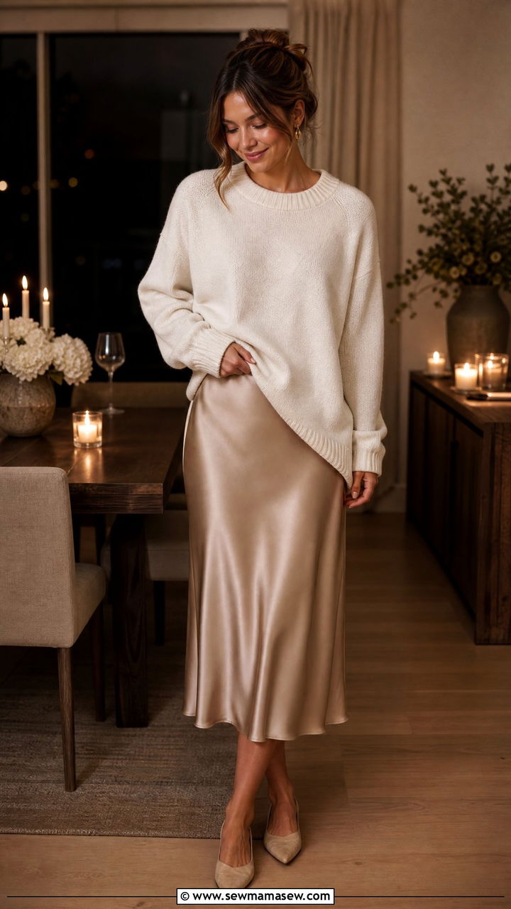 Silk Bias Cut Midi Skirt With a Cashmere Crewneck Sweater - 30 French girl loungewear outfit ideas