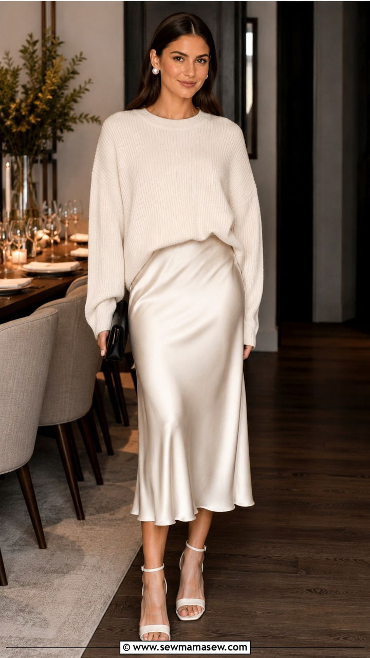 Silk Bias Skirt and Chunky Cashmere Sweater with Satin Heels - 30 old money capsule wardrobe outfits