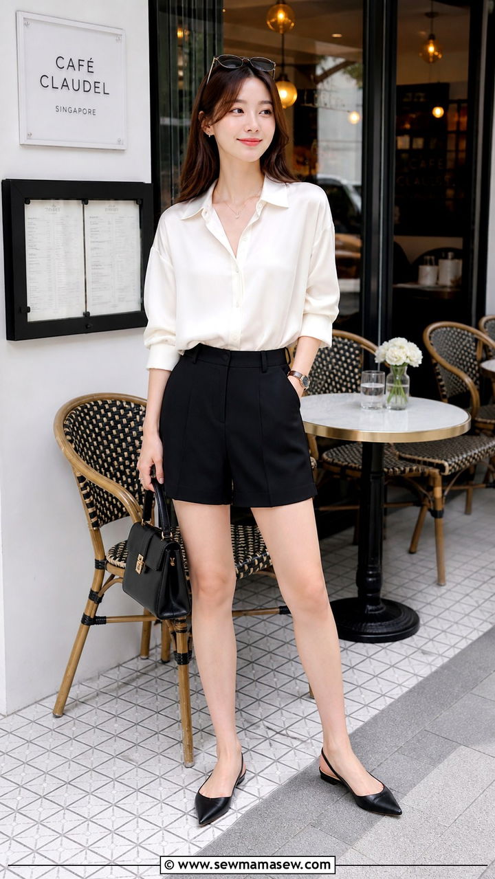 Silk Blend Blouse with Tailored Shorts and Slingback Flats - 40 What to wear in Singapore