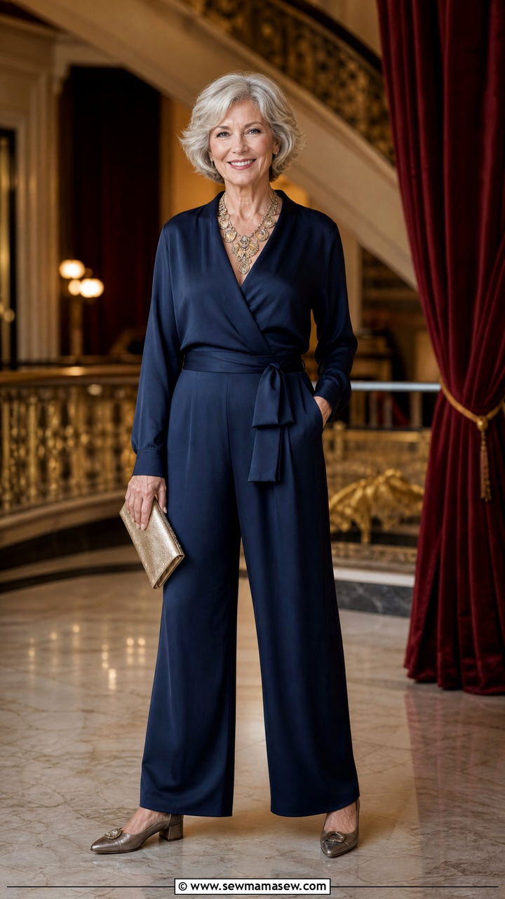 Silk Blend Jumpsuit and Statement Necklace with Low Block Heels - 30 Concert outfits for women over 60