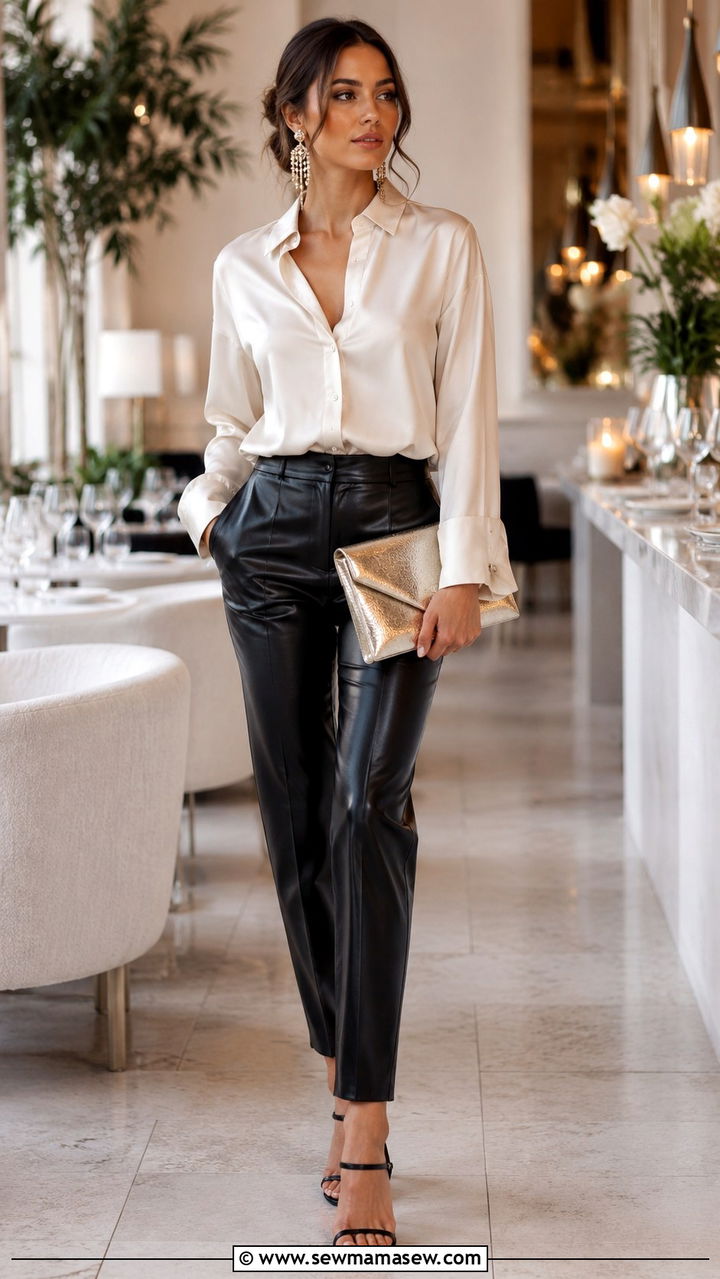 Silk Blouse And Leather Trousers With Clutch Bag - 30 Spring outfits with bags
