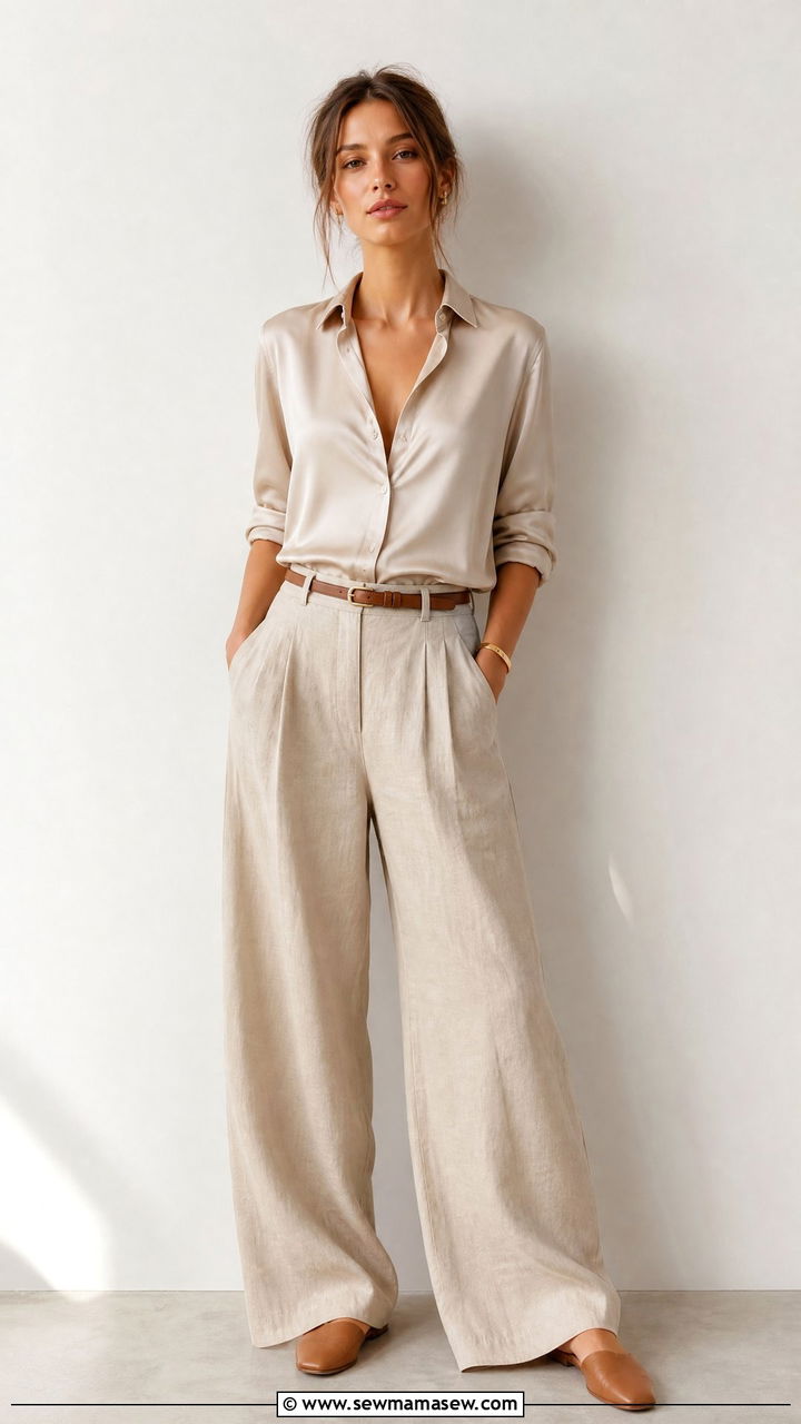 Silk Blouse And Wide Leg Linen Trousers - 30 summer quiet luxury outfit ideas