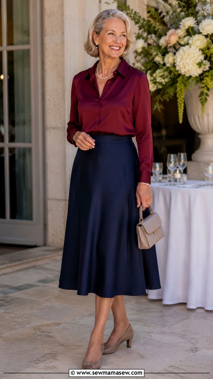 Silk Blouse With ALine Midi Skirt - 30 Tall outfits for women over 60