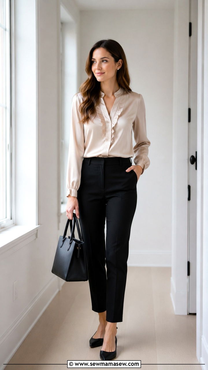 Silk Blouse With Black Tailored Trousers - 30 casual job interview outfits