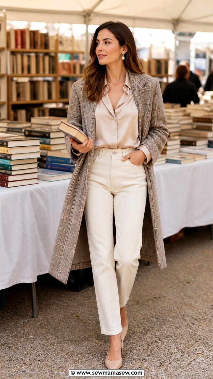 Silk Blouse With Cream Jeans And Plaid Coat - 40 light academia outfits for women