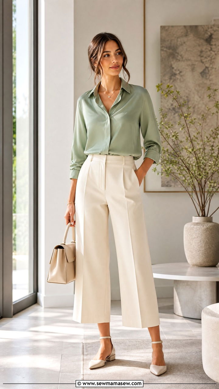 Silk Blouse With Cropped Wide Leg Pants Outfit - 30 Mid spring outfits