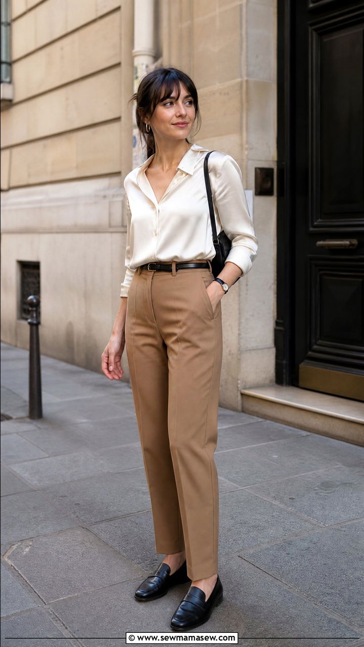 Silk Blouse With High Waist Trousers and Loafers - 30 French girl outfit ideas petite
