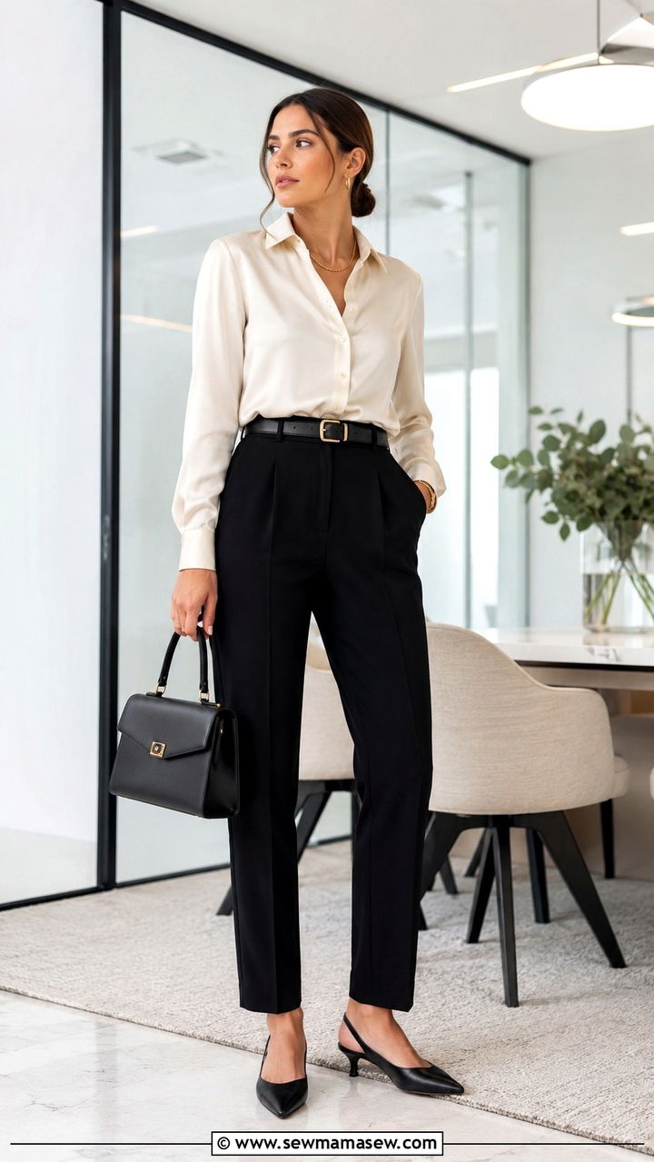 Silk Blouse With High Waisted Black Trousers And Kitten Heels - 20 Quiet luxury The Row dupes outfit ideas