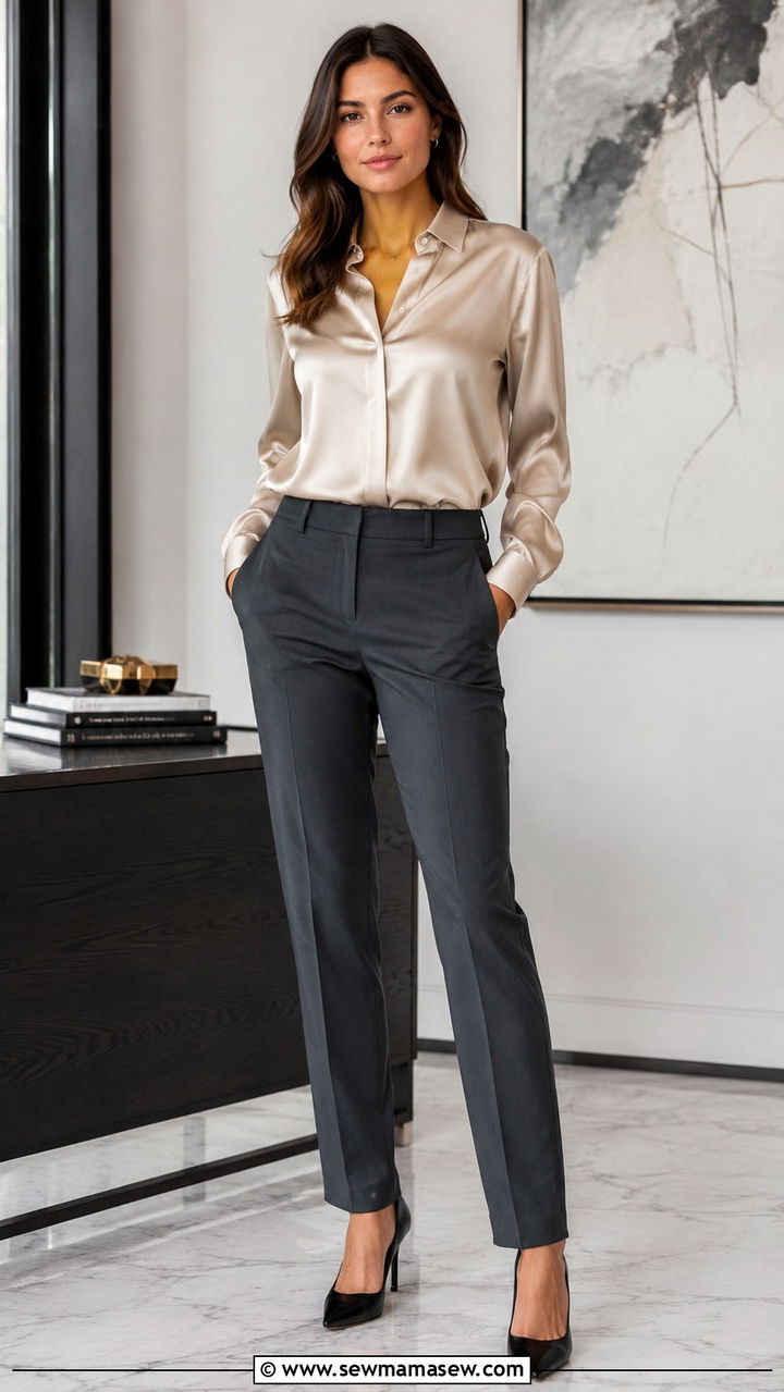 Silk Blouse With High Waisted Tailored Trousers - 20 Quiet luxury outfit ideas Celine Old style