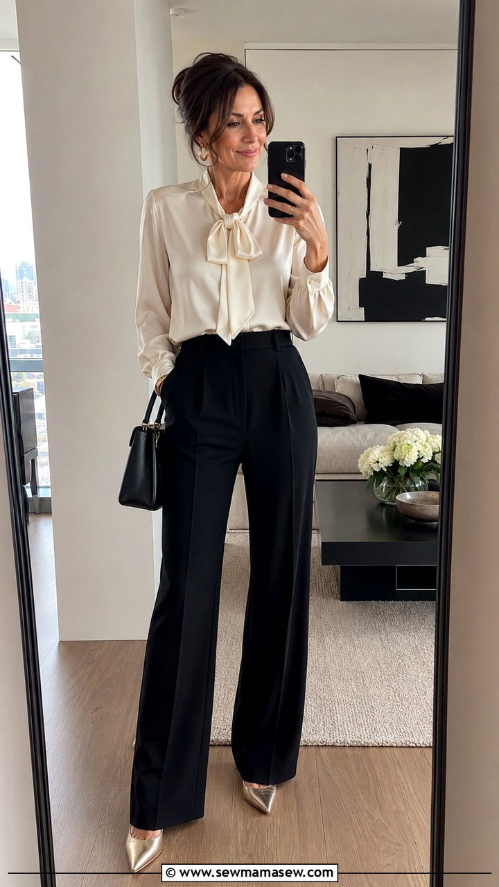 Silk Blouse With High Waisted Trousers - 30 romantic outfit ideas for women over 40