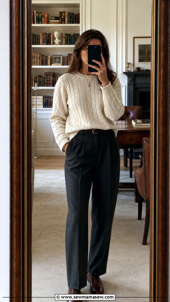 Silk Blouse With High Waisted Trousers And Gold Pendant Necklace - 25 Old money outfit ideas with gold jewelry