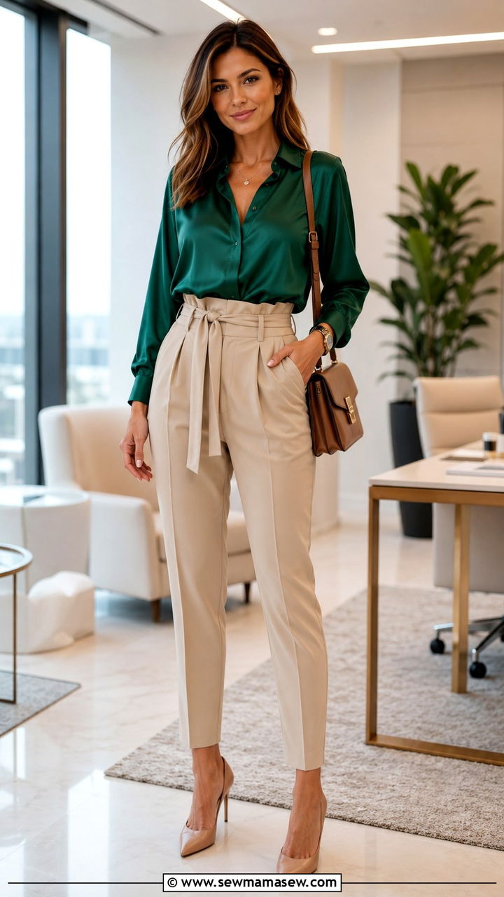Silk Blouse With Paperbag Waist Trousers And Heels - 30 Outfit ideas for working moms