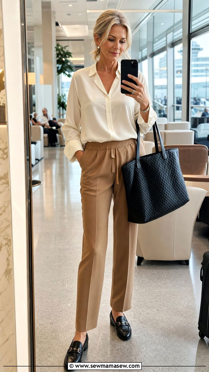 Silk Blouse With Pull On Trousers And Loafers - 35 Airport outfit ideas for women over 50