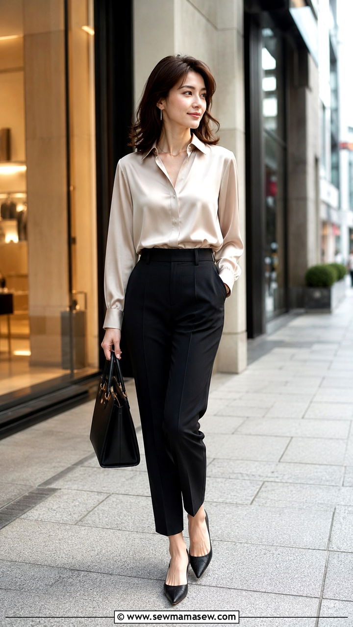 Silk Blouse With Tailored Trousers And Pointed Flats - 30 Tokyo vacation outfit ideas