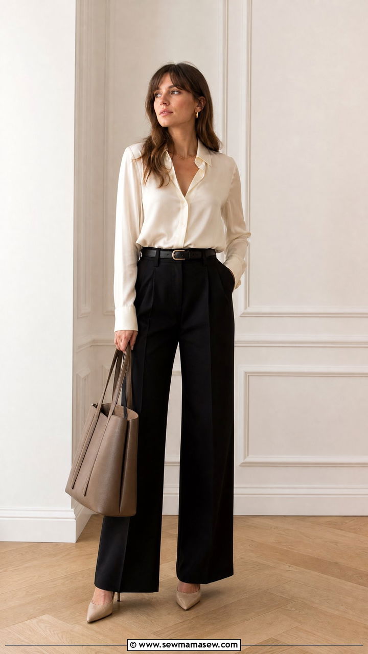 Silk Blouse With Wide Leg Tailored Trousers - 30 French girl outfit ideas for work