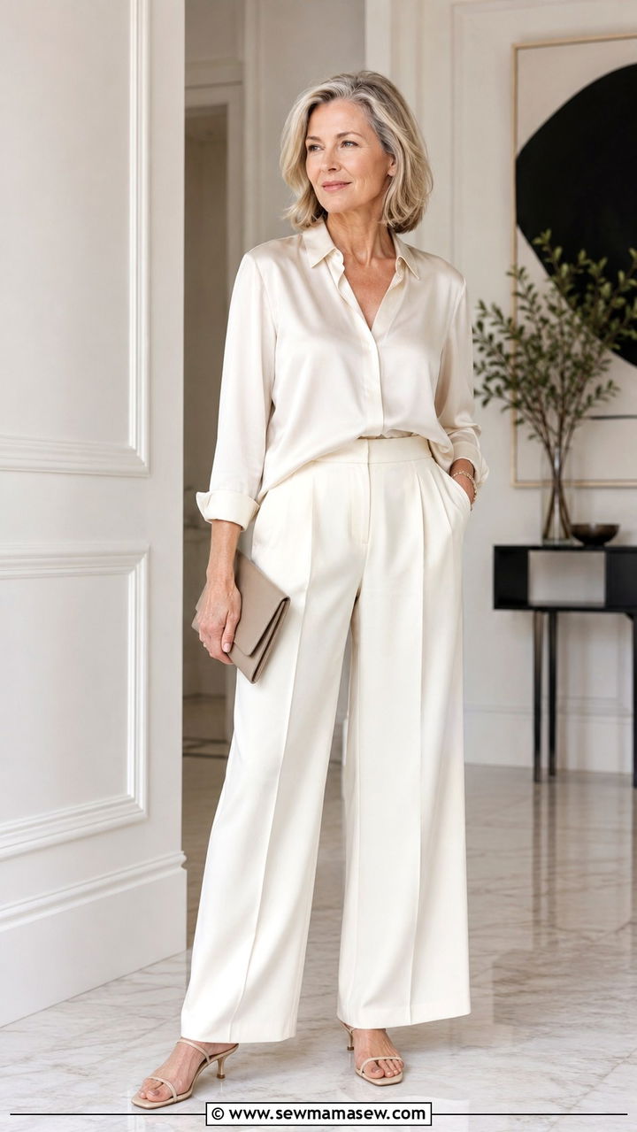 Silk Blouse With Wide Leg Trousers - 30 Minimalist outfits for women over 50