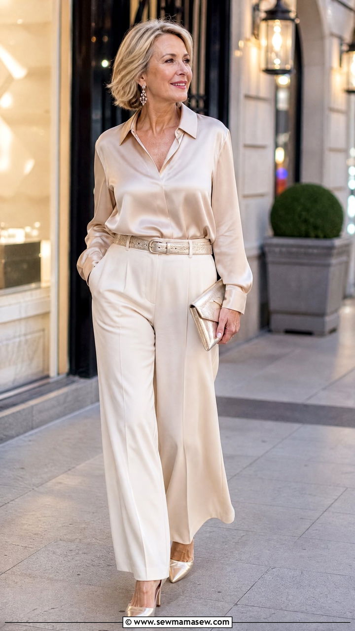 Silk Blouse With Wide Leg Trousers And A Clutch - 35 Going out outfit ideas women over 50
