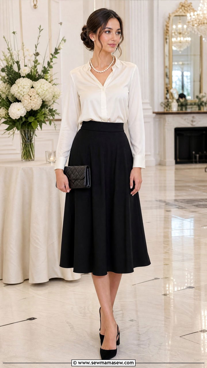 Silk Blouse and A Line Midi Skirt - 25 Old money outfit ideas budget
