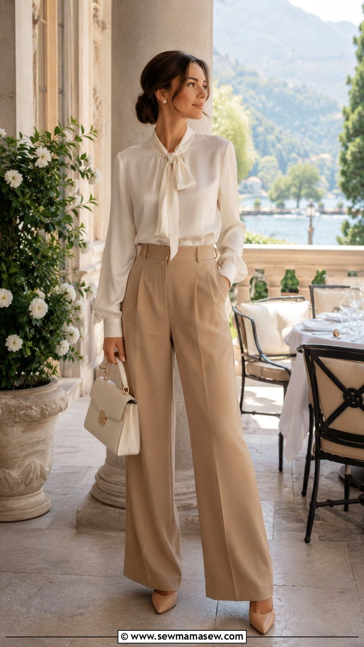 Silk Blouse and Camel Wide Leg Trousers - 30 Brunch outfit ideas old money style