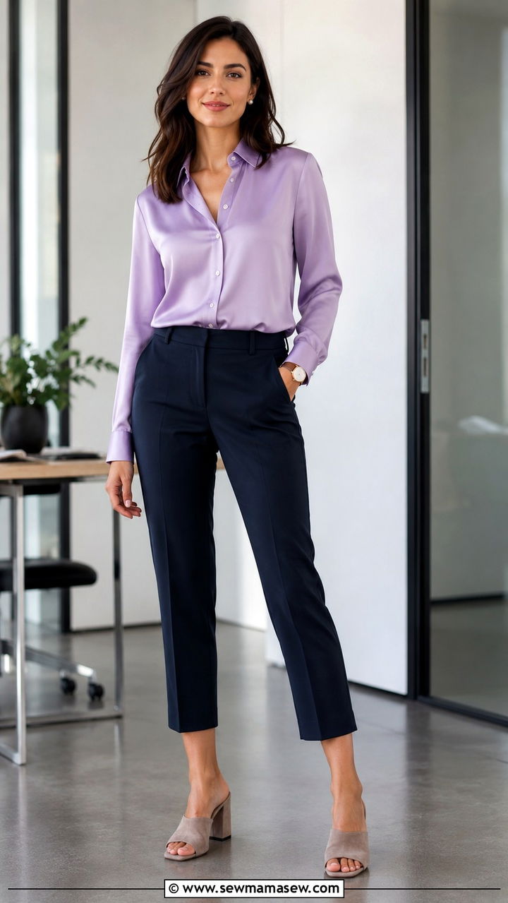 Silk Blouse and Cropped Navy Trousers - 30 spring outfits for office women