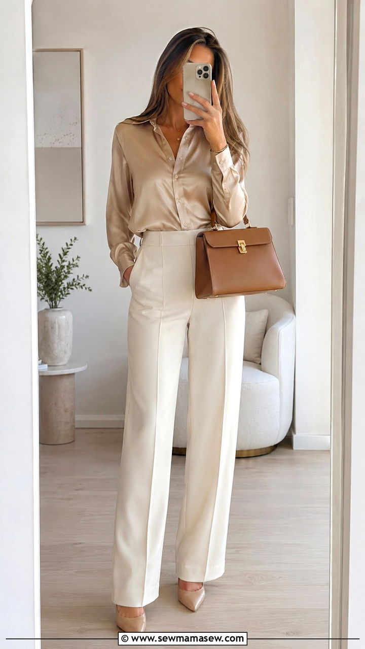 Silk Blouse and High Waisted Cream Trousers Outfit - 30 Quiet luxury wardrobe essentials