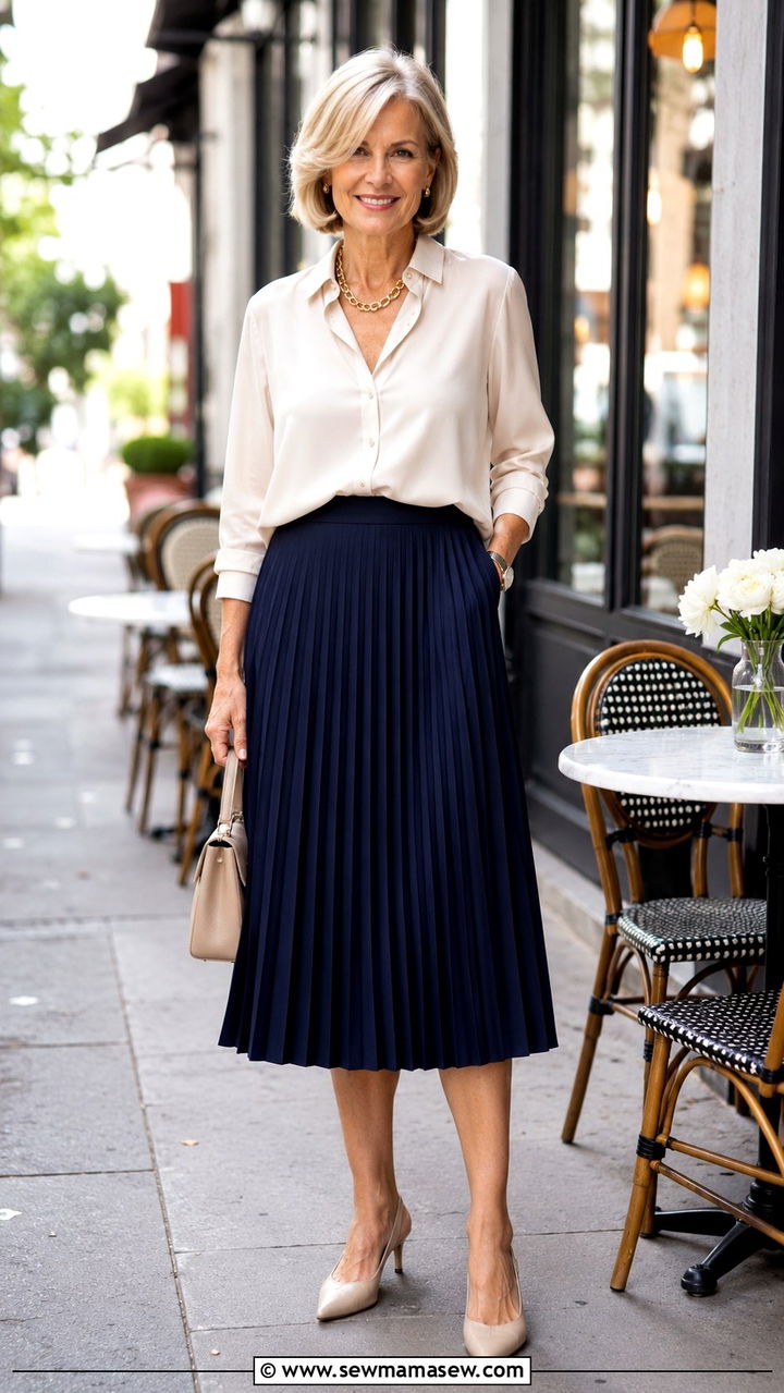 Silk Blouse and Midi Skirt Outfit - 30 Parisian outfits for women over 60