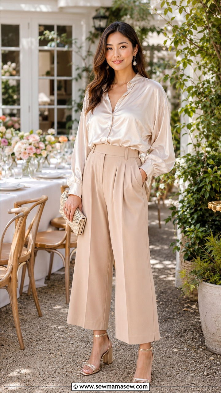 Silk Blouse and Pleated Midi Trousers Brunch Outfit - 30 Brunch outfit ideas Bay Area