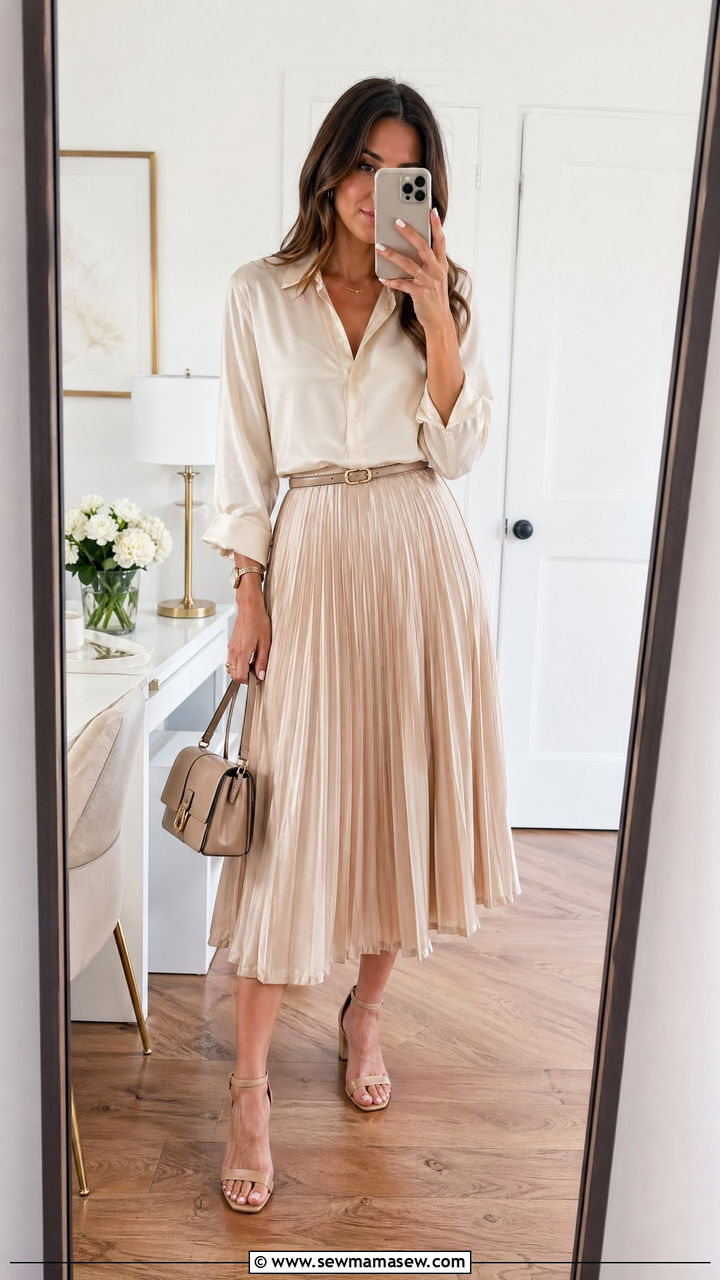 Silk Blouse and Pleated Skirt Outfit - 35 Elegant spring outfits