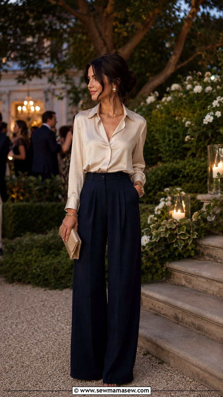 Silk Blouse and Pleated Wide Leg Trousers - 30 Old money outfits for petite women
