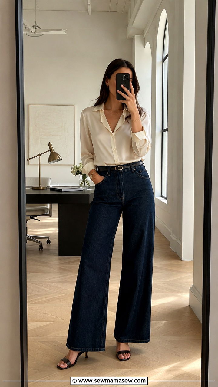 Silk Blouse and Wide Leg Jeans Outfit - 30 Office outfits with jeans