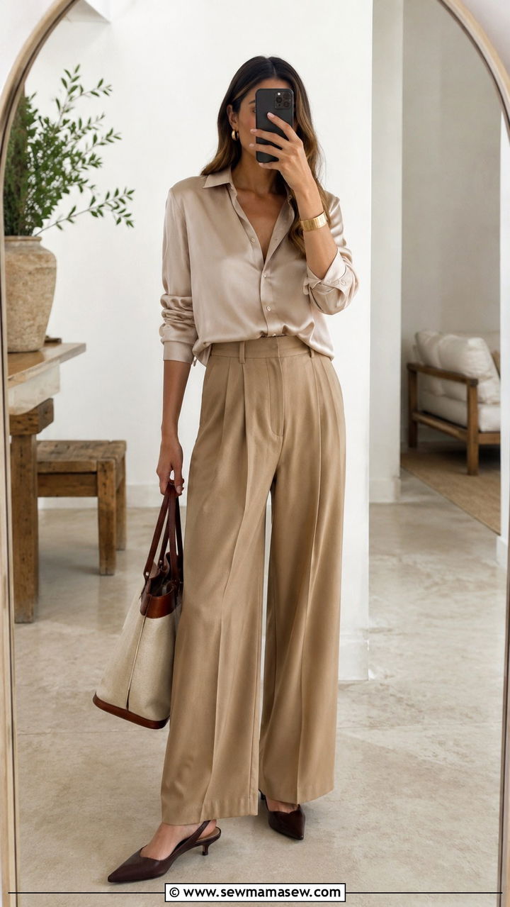 Silk Blouse and Wide Leg Pleated Trousers - 30 Old money capsule wardrobe