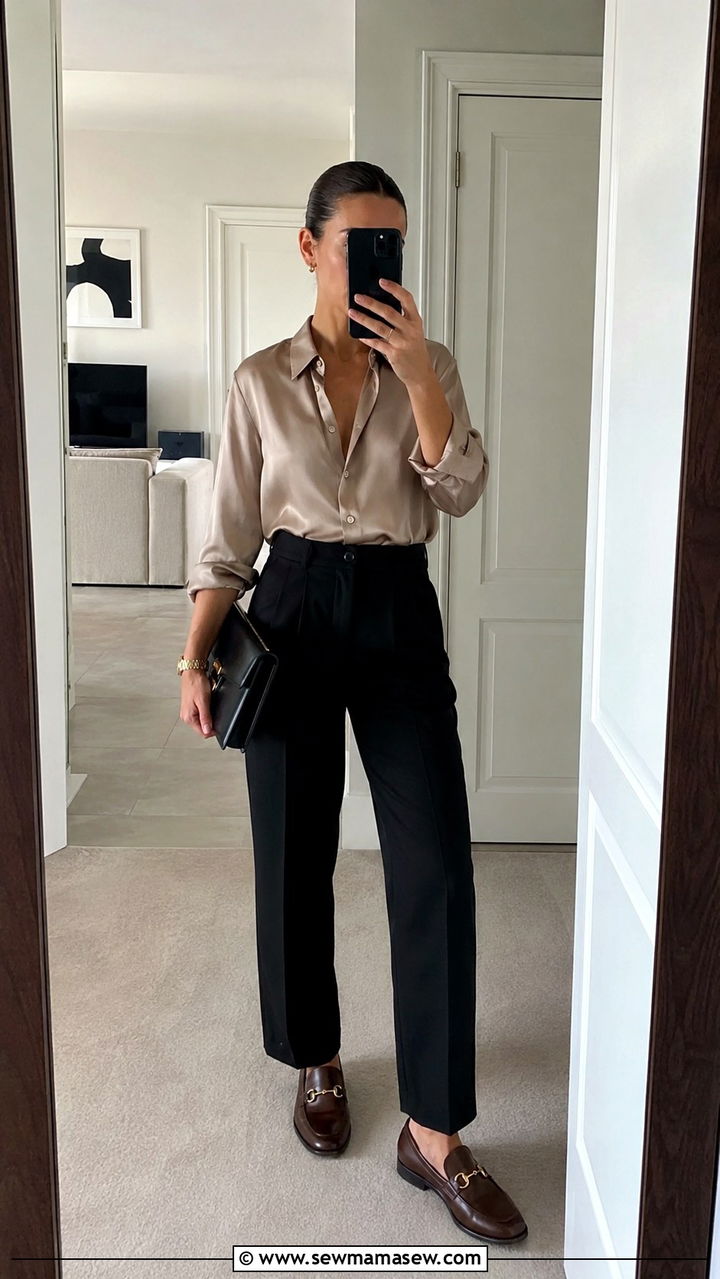 Silk Blouse and Wool Trousers With Gucci Loafers - 25 Old money outfit ideas with Gucci loafers