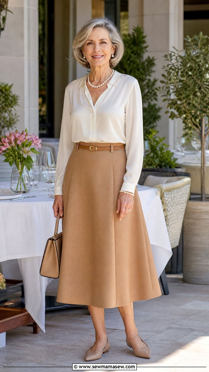 Silk Blouse with A Line Midi Skirt - 30 Quiet luxury outfits for women over 50