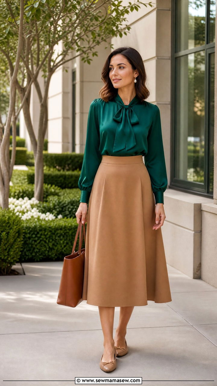 Silk Blouse with A Line Midi Skirt and Ballet Flats - 25 How to style a midi skirt for work