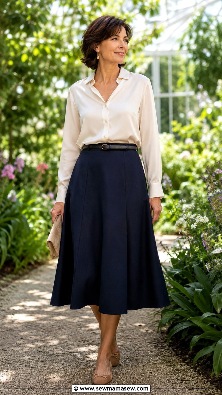 Silk Blouse with A Line Midi Skirt - 20 Quiet luxury outfit ideas for women over 60
