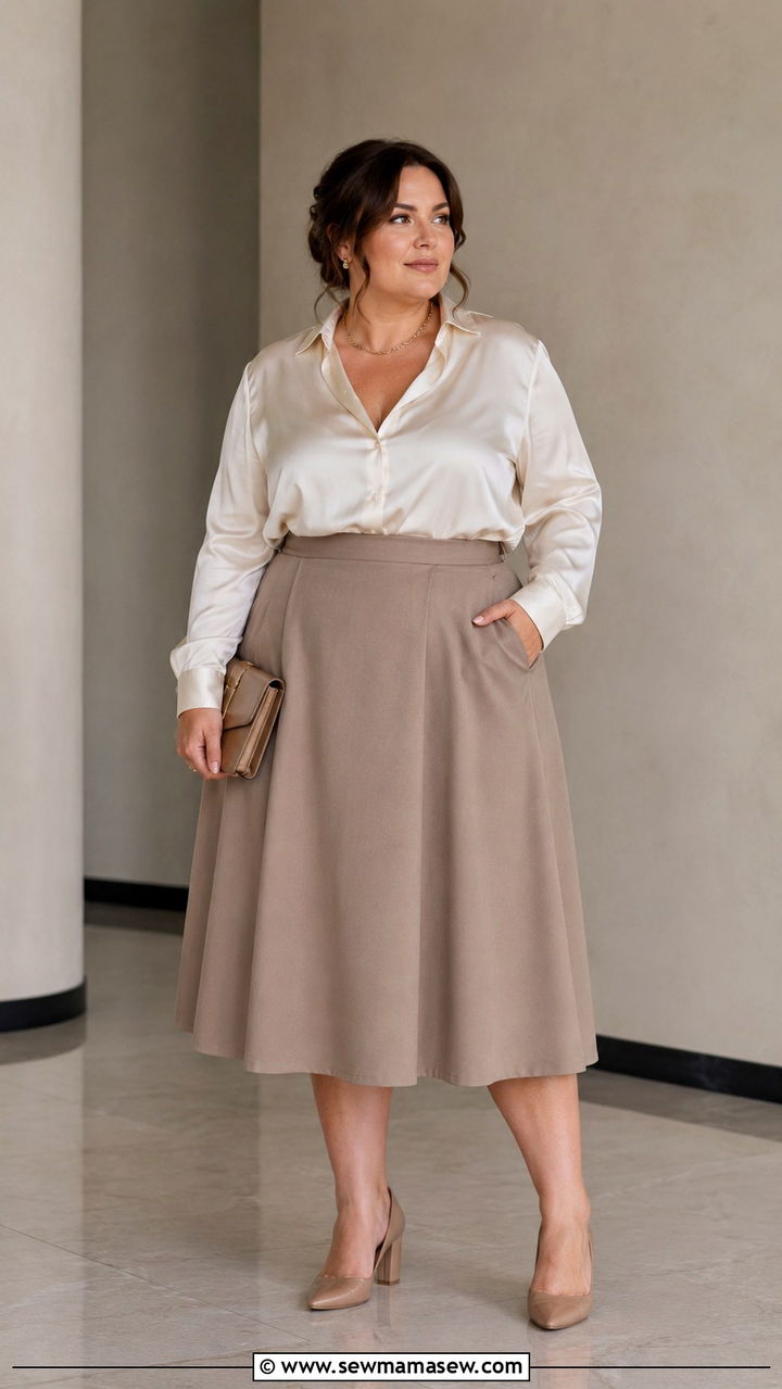 Silk Blouse with A Line Skirt and Block Heels - 30 Old money outfits plus size